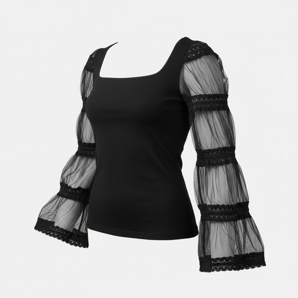 Anne Fontaine Tops - Anne Fontaine Black Sheer Lace Tiered-Sleeve Top
